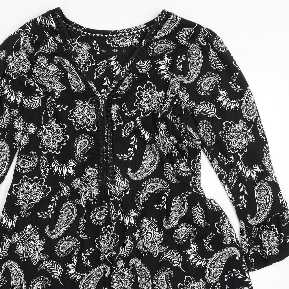 F&F Womens Black Paisley Viscose Shift  Size 8  V-Neck Pullover