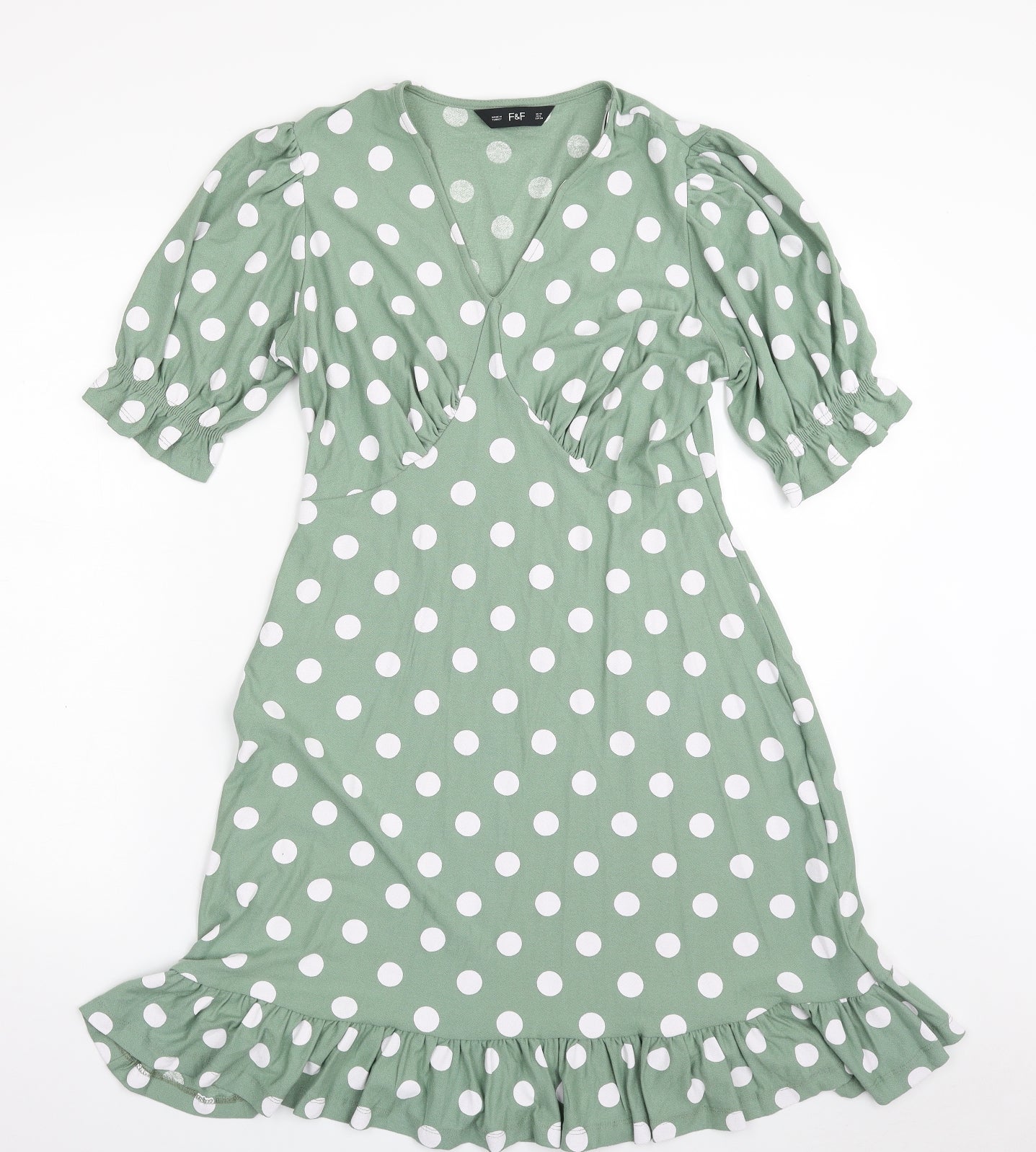 F&F Womens Green Polka Dot Viscose Shift  Size 10  V-Neck Pullover