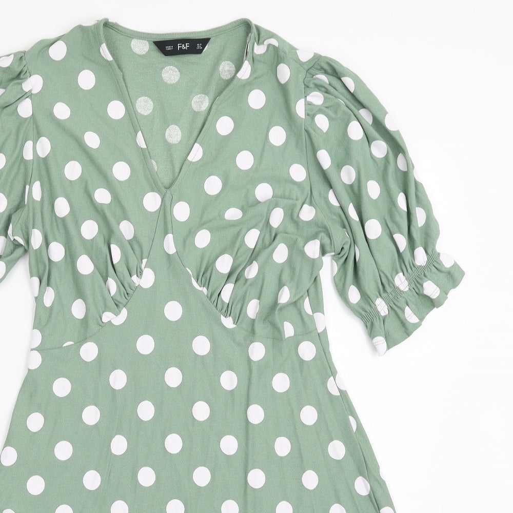F&F Womens Green Polka Dot Viscose Shift  Size 10  V-Neck Pullover