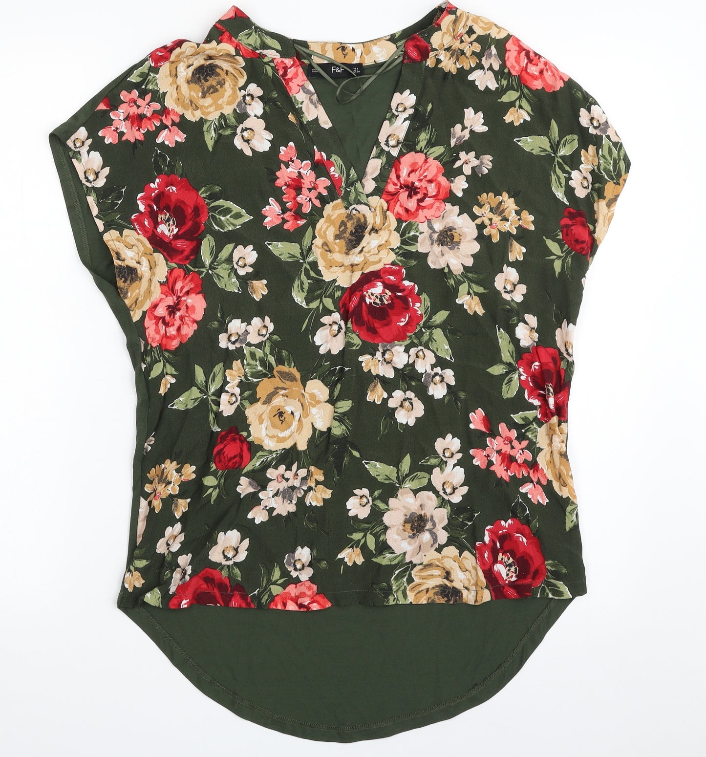 F&F Womens Green Floral Viscose Basic T-Shirt Size 8 V-Neck