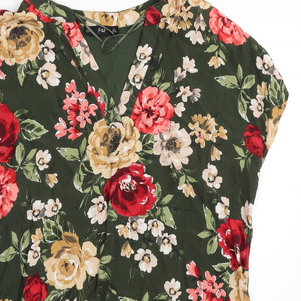 F&F Womens Green Floral Viscose Basic T-Shirt Size 8 V-Neck