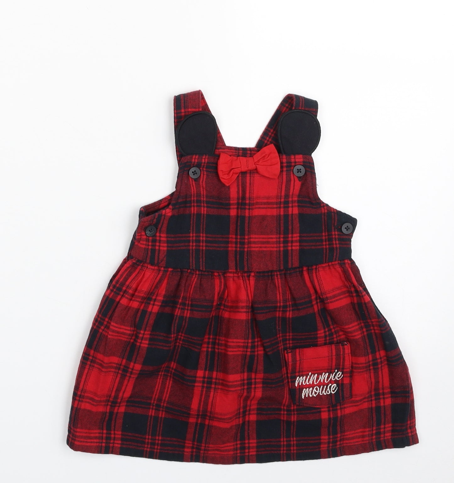 TESCO Girls Red Plaid 100% Cotton Skater Dress  Size 6-9 Months  Square Neck Button - Minnie Mouse