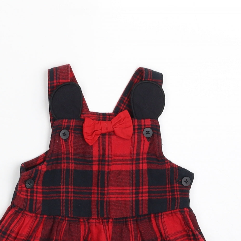 TESCO Girls Red Plaid 100% Cotton Skater Dress  Size 6-9 Months  Square Neck Button - Minnie Mouse