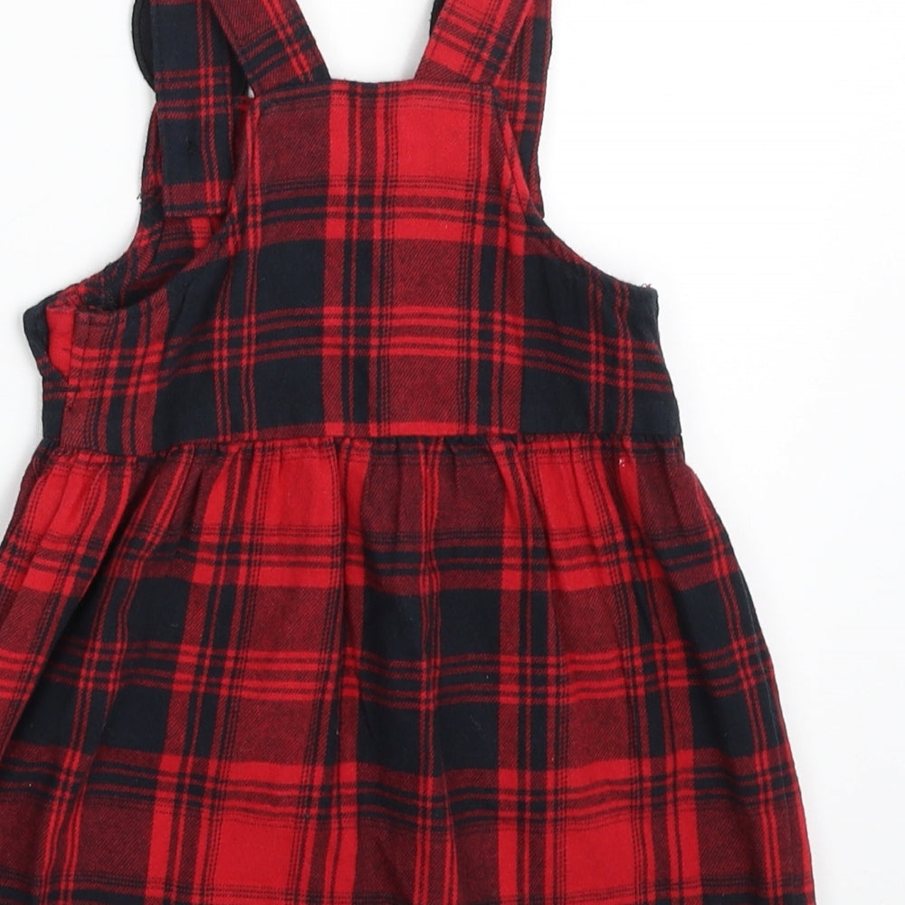 TESCO Girls Red Plaid 100% Cotton Skater Dress  Size 6-9 Months  Square Neck Button - Minnie Mouse