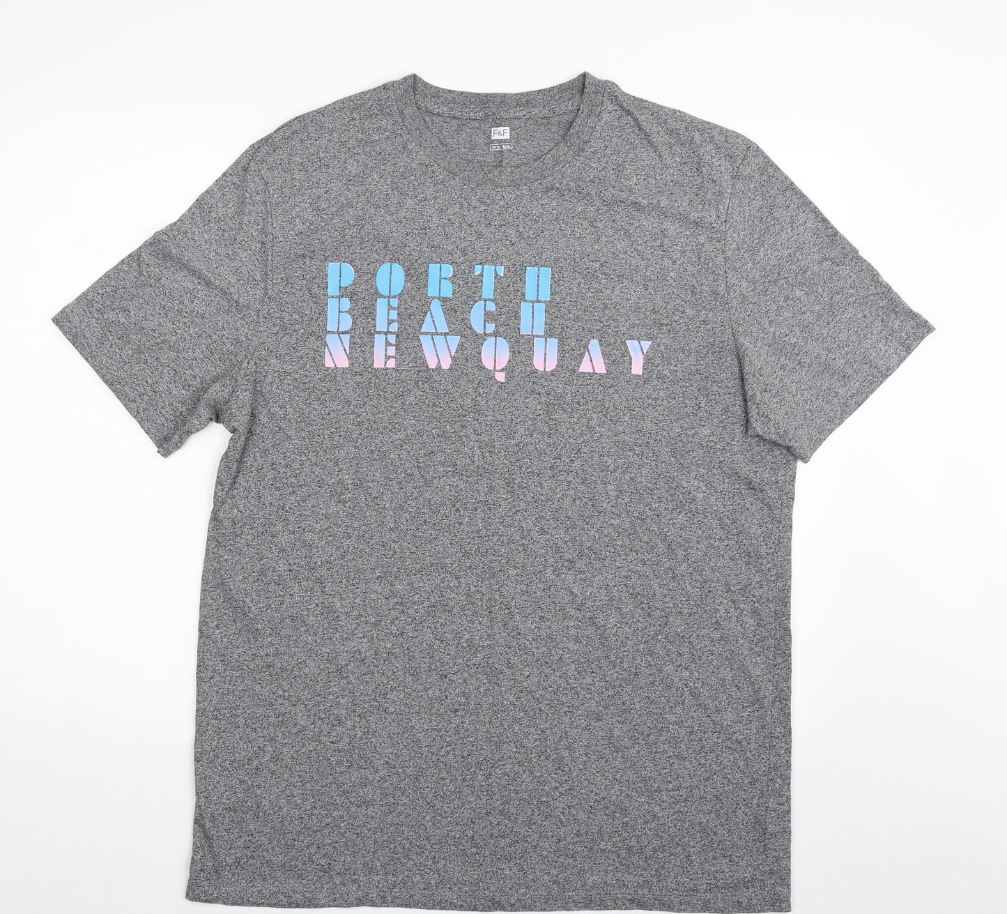 F&F Mens Grey  Cotton  T-Shirt Size XL Crew Neck  - Porth Beach Newquay