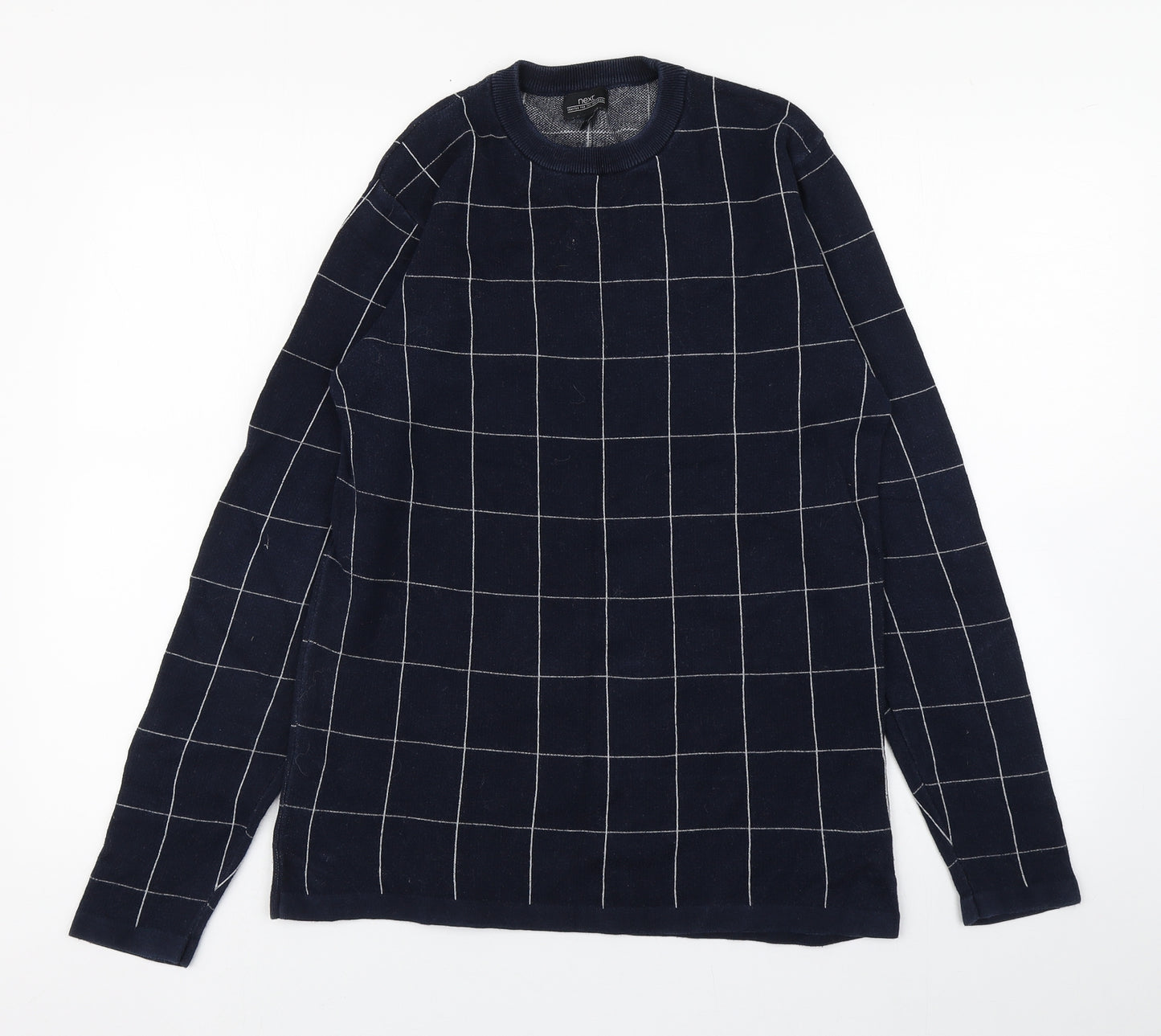 NEXT Womens Blue Round Neck Check Cotton Pullover Jumper Size M