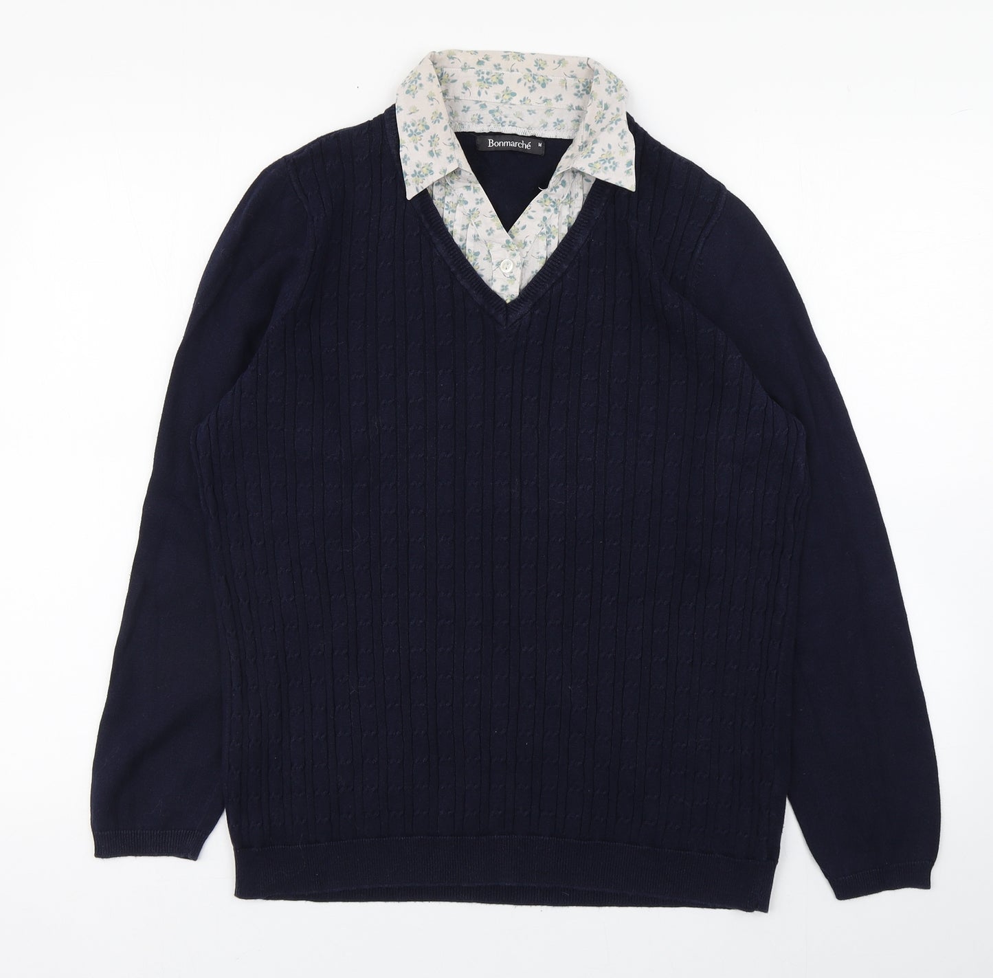 Bonmarché Womens Blue Collared  Cotton Pullover Jumper Size M