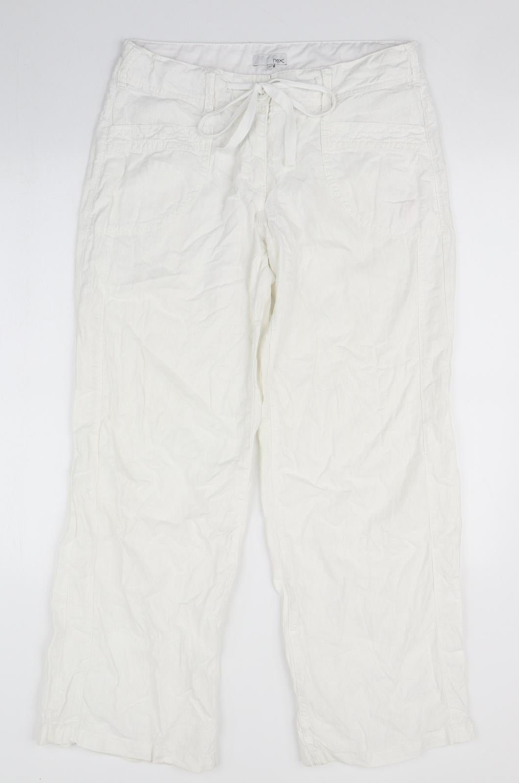 NEXT Womens White  Linen Trousers  Size 12 L30 in Regular Zip