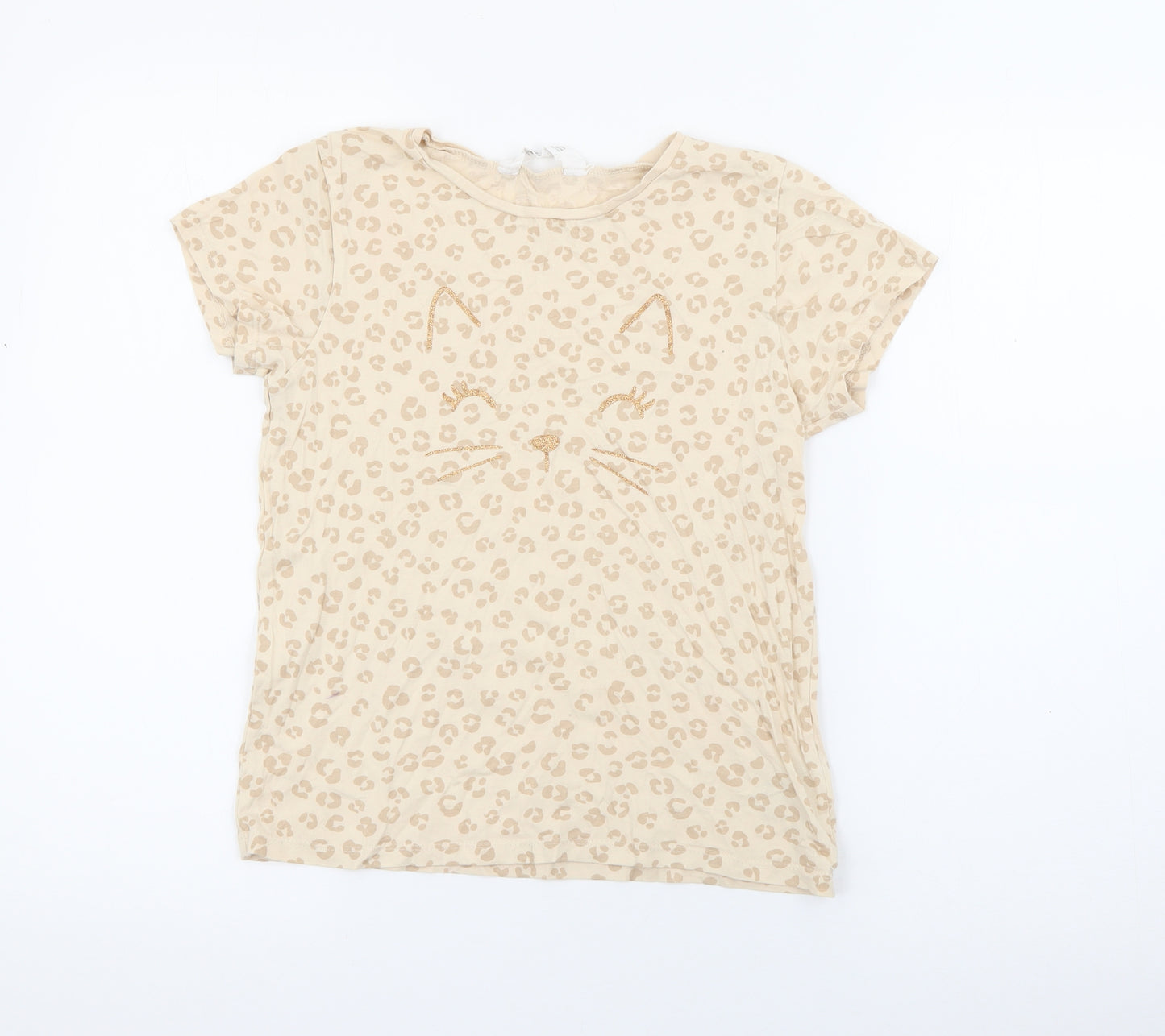 H&M Girls Beige Animal Print Cotton Pullover T-Shirt Size 9-10 Years Crew Neck  - Cat