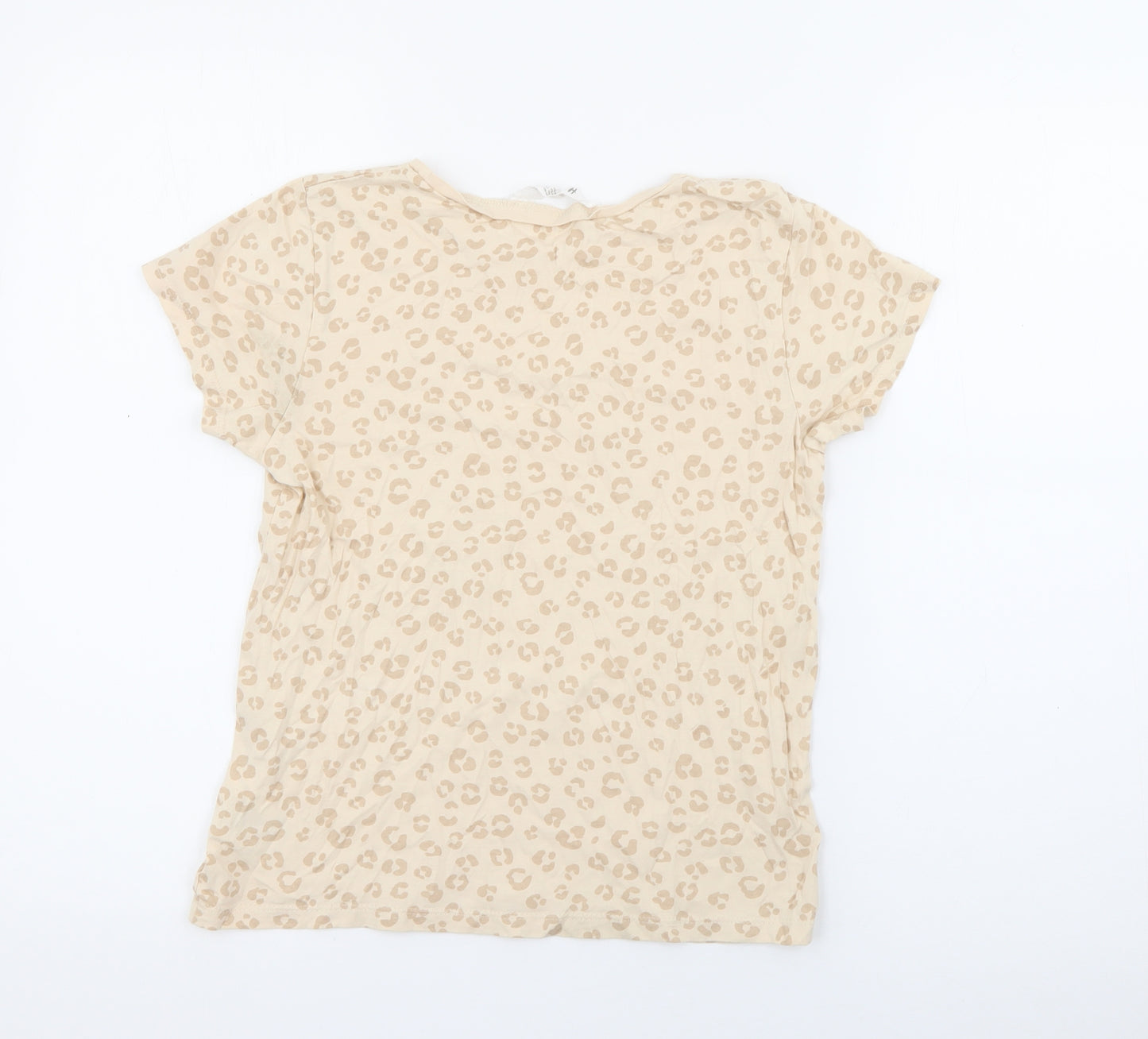 H&M Girls Beige Animal Print Cotton Pullover T-Shirt Size 9-10 Years Crew Neck  - Cat