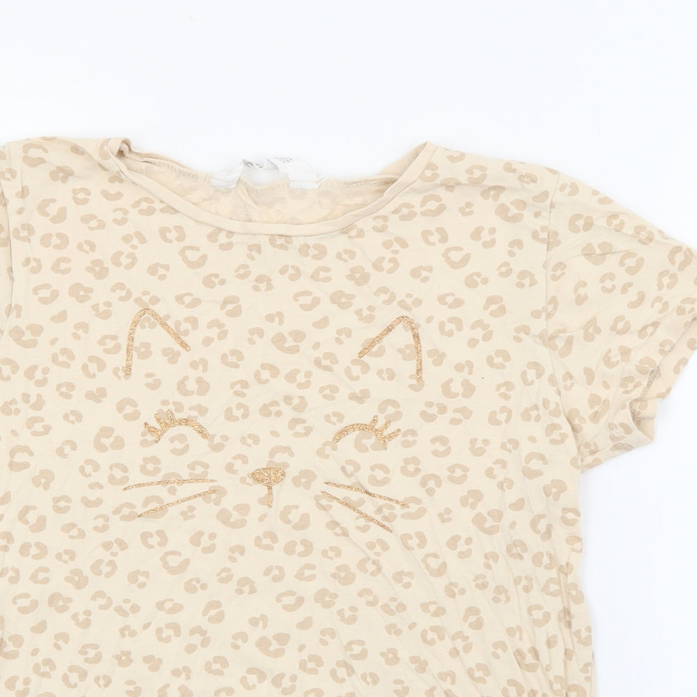 H&M Girls Beige Animal Print Cotton Pullover T-Shirt Size 9-10 Years Crew Neck  - Cat