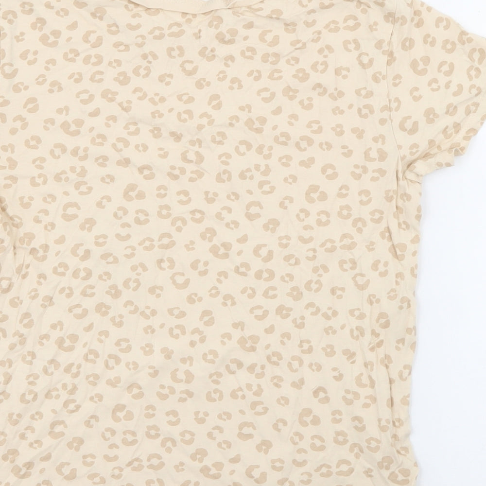 H&M Girls Beige Animal Print Cotton Pullover T-Shirt Size 9-10 Years Crew Neck  - Cat