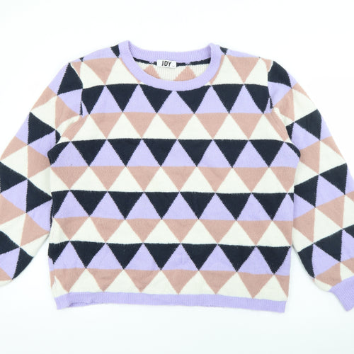 JDY Womens Purple Crew Neck Geometric Acrylic Pullover Jumper Size 2XL
