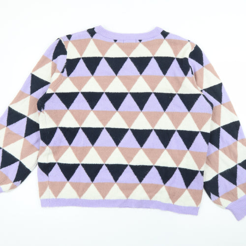 JDY Womens Purple Crew Neck Geometric Acrylic Pullover Jumper Size 2XL