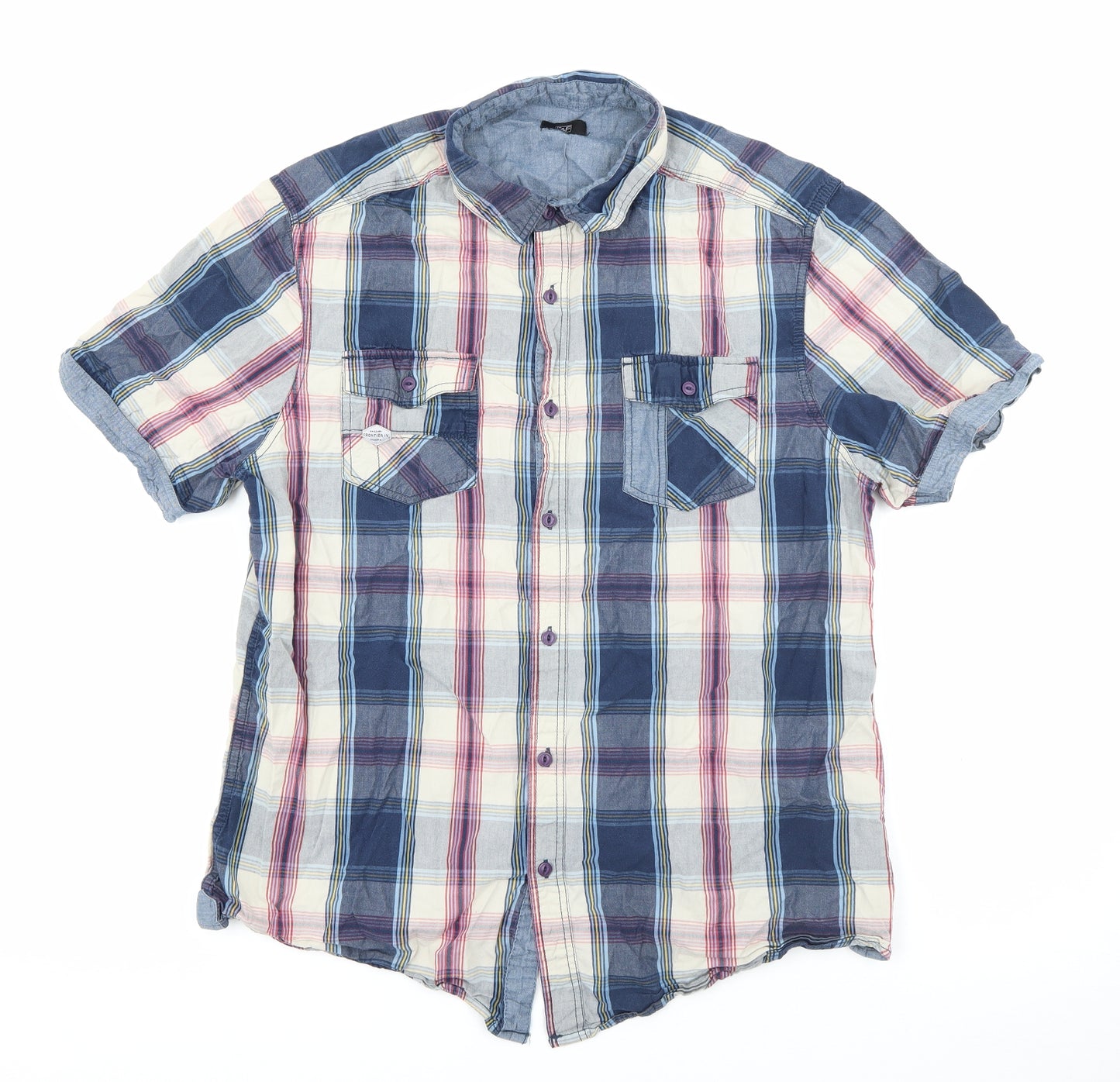 F&F Mens Blue Plaid Cotton  Button-Up Size XL Collared Button