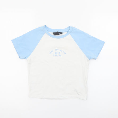 Primark Womens Blue  Cotton Cropped T-Shirt Size 6 Crew Neck