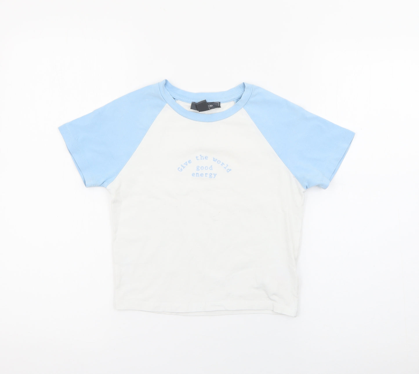 Primark Womens Blue  Cotton Cropped T-Shirt Size 6 Crew Neck