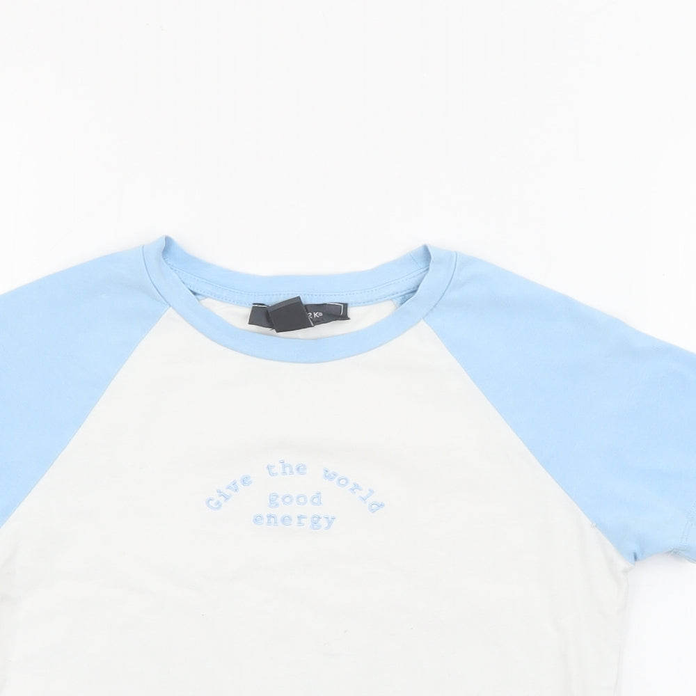 Primark Womens Blue  Cotton Cropped T-Shirt Size 6 Crew Neck