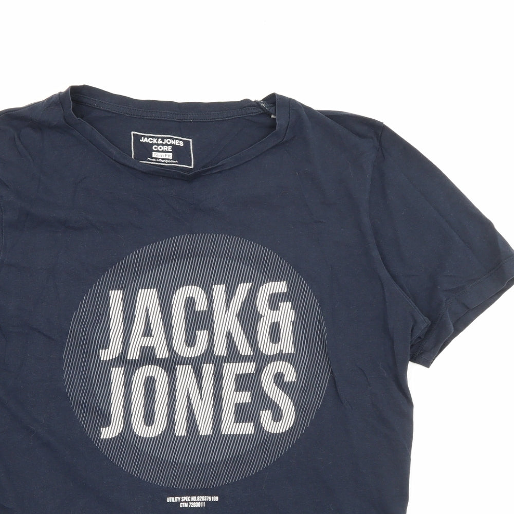 JACK & JONES Mens Blue  Cotton  T-Shirt Size S Crew Neck
