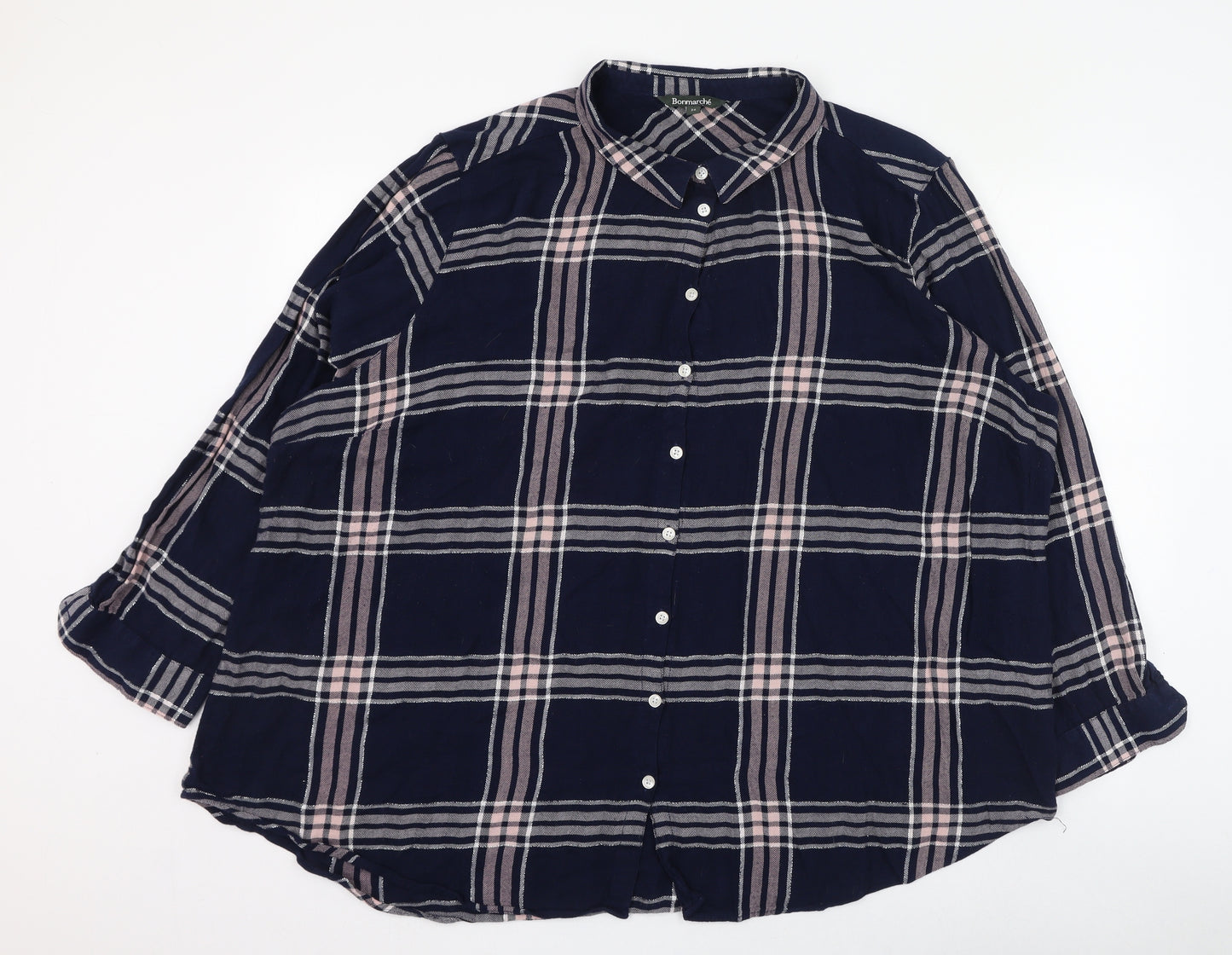 Bonmarché Womens Blue Check Cotton Basic Button-Up Size 26 Collared