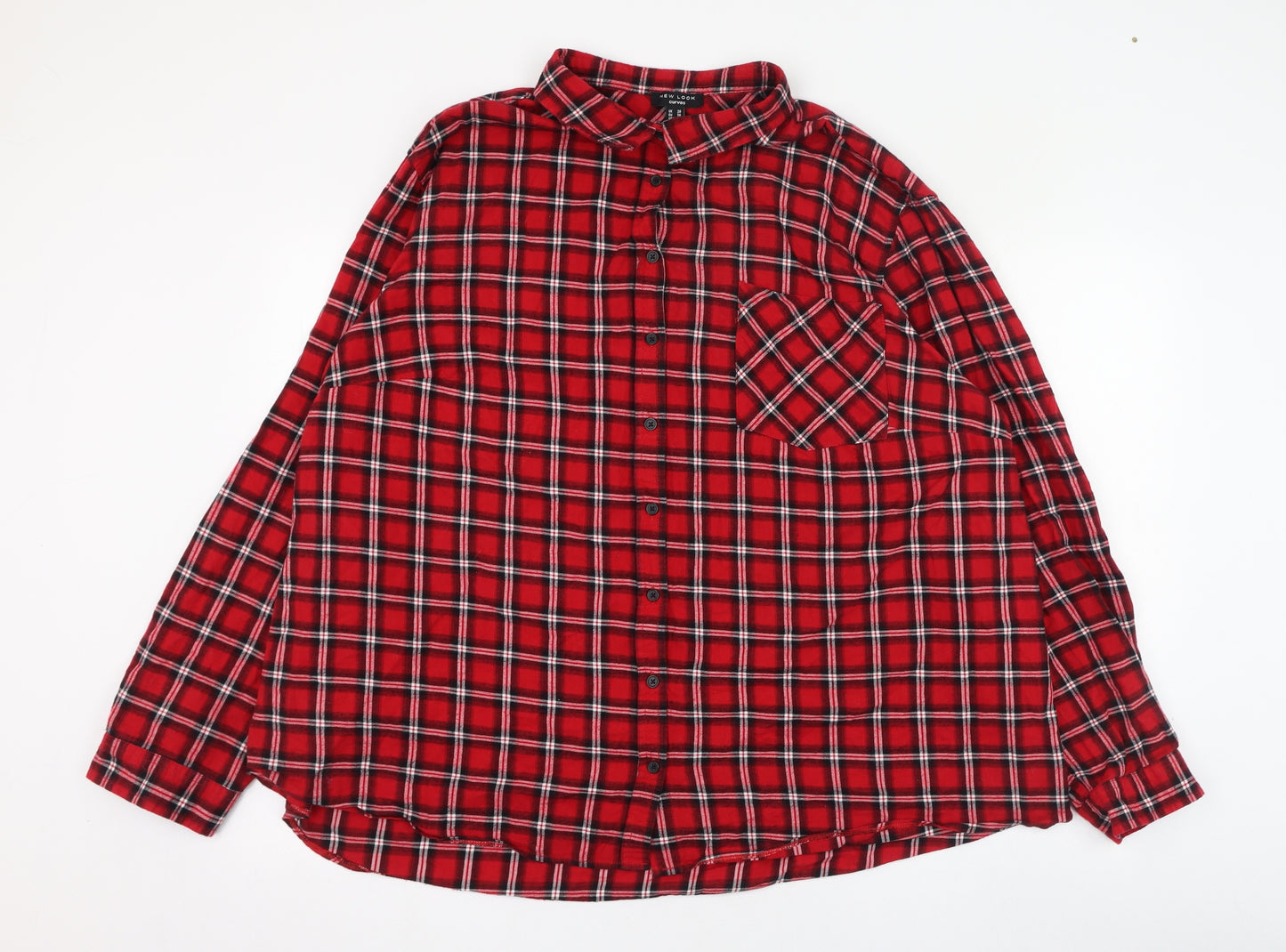 New Look Womens Red Check Cotton Basic Button-Up Size 28 Collared