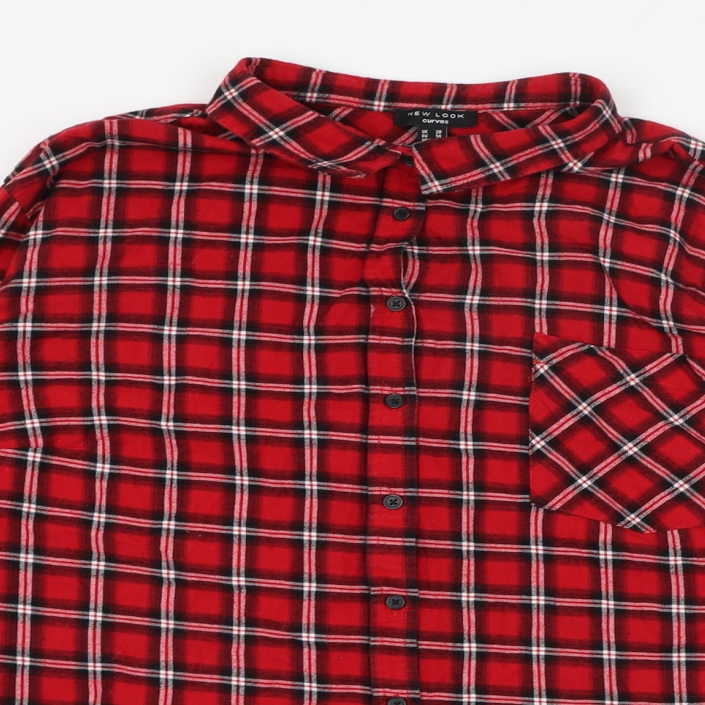 New Look Womens Red Check Cotton Basic Button-Up Size 28 Collared
