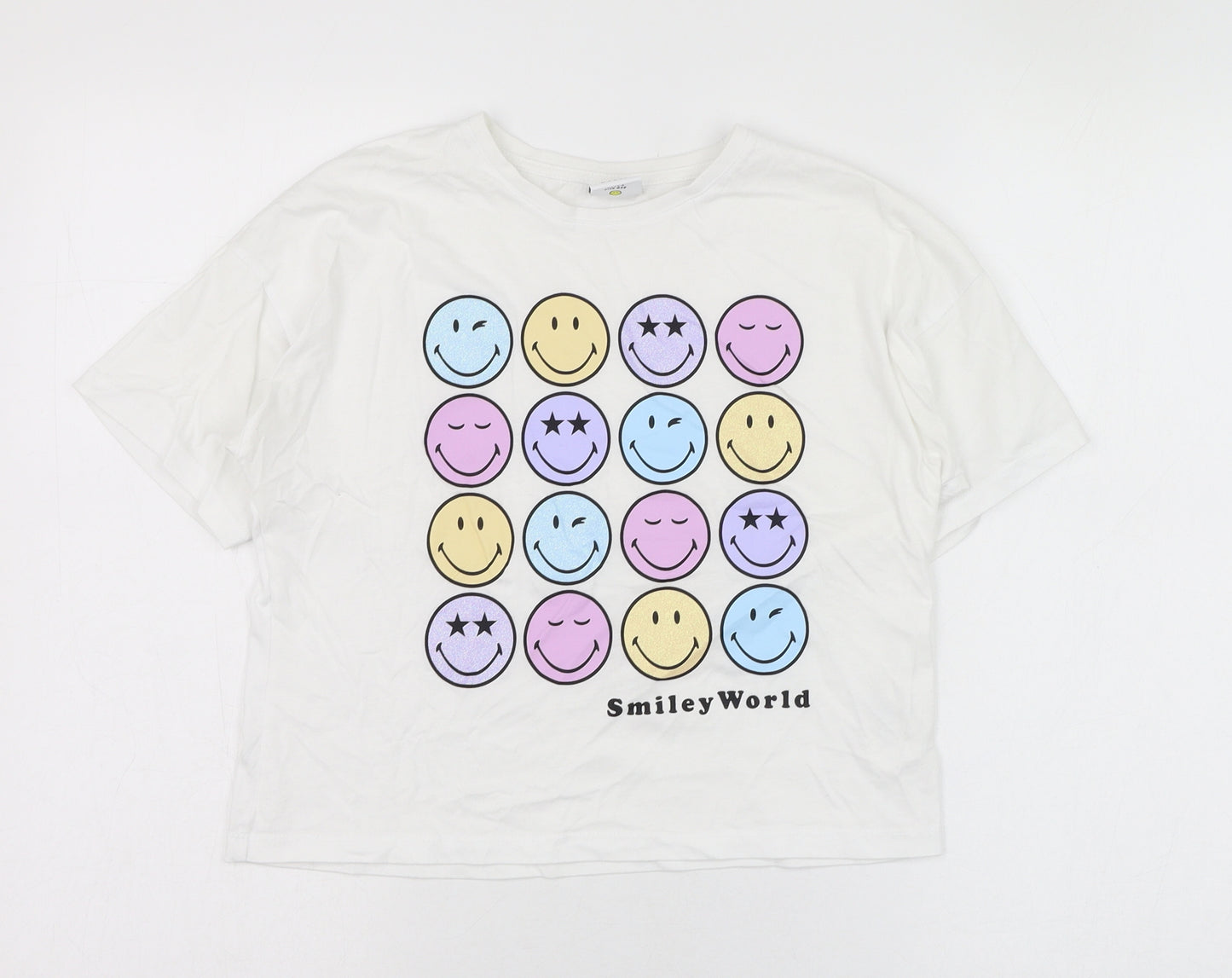 F&F Girls White  Cotton Basic T-Shirt Size 11-12 Years Round Neck Pullover - Smiley World