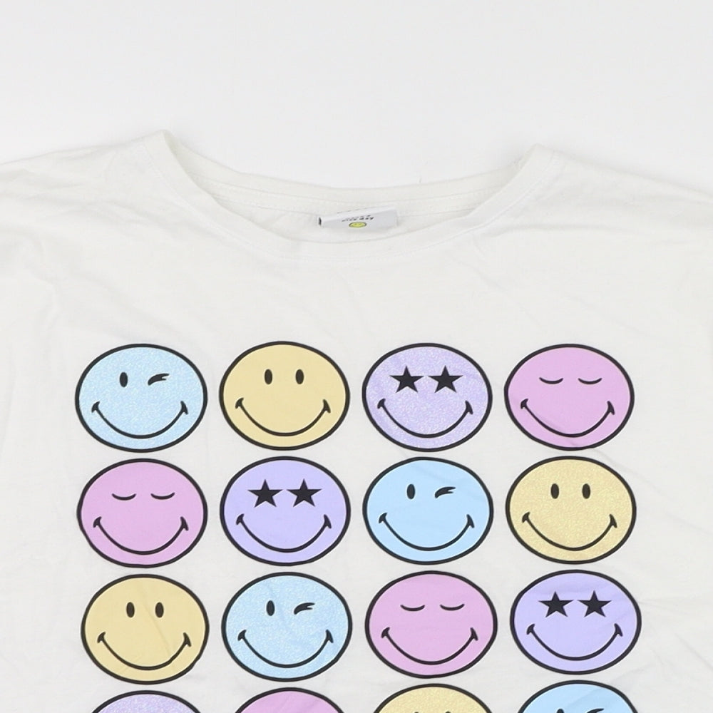 F&F Girls White  Cotton Basic T-Shirt Size 11-12 Years Round Neck Pullover - Smiley World