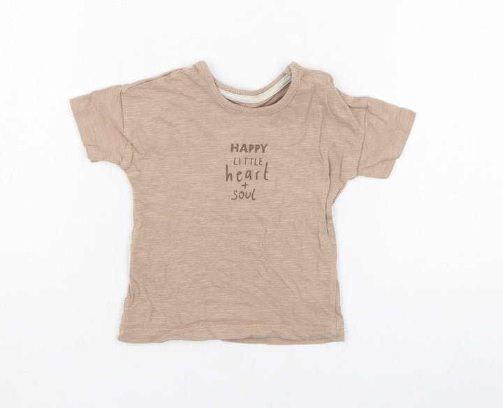 George Boys Brown  Cotton Basic T-Shirt Size 6-9 Months Round Neck Pullover - Happy little heart + soul