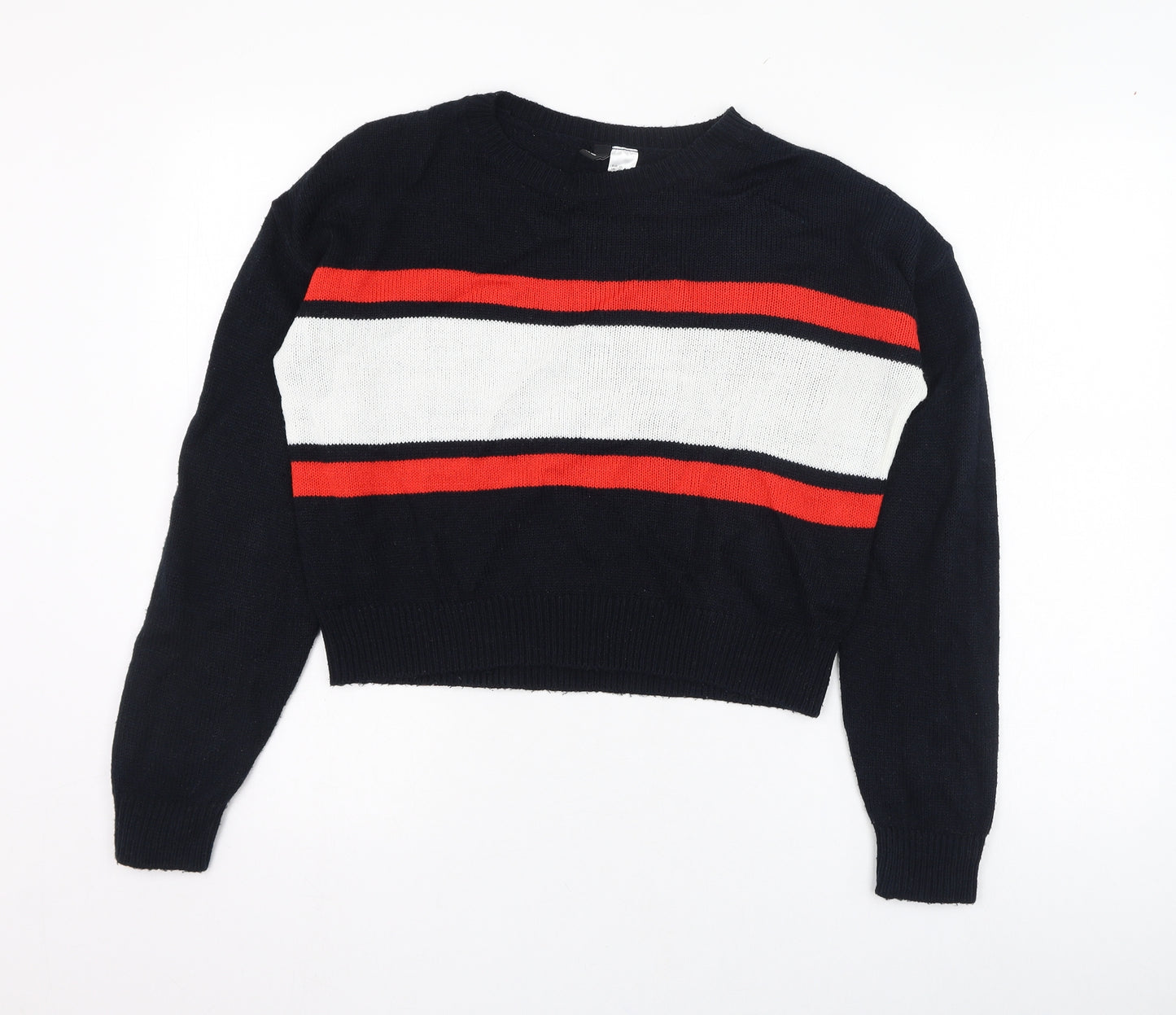 H&M Womens Blue Round Neck Striped Acrylic Pullover Jumper Size XS   - `