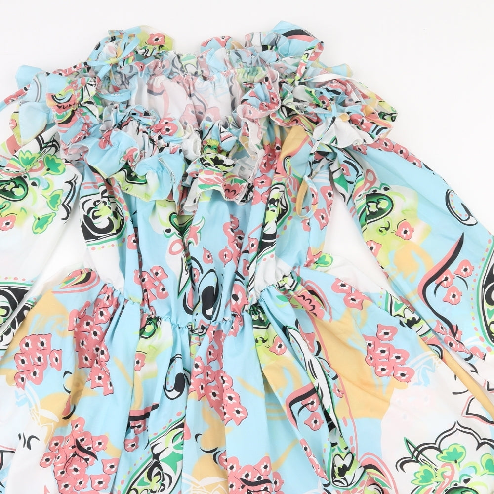 Chicme Womens Multicoloured Floral Cotton Fit & Flare  Size S  Off the Shoulder Pullover - Tieable straps