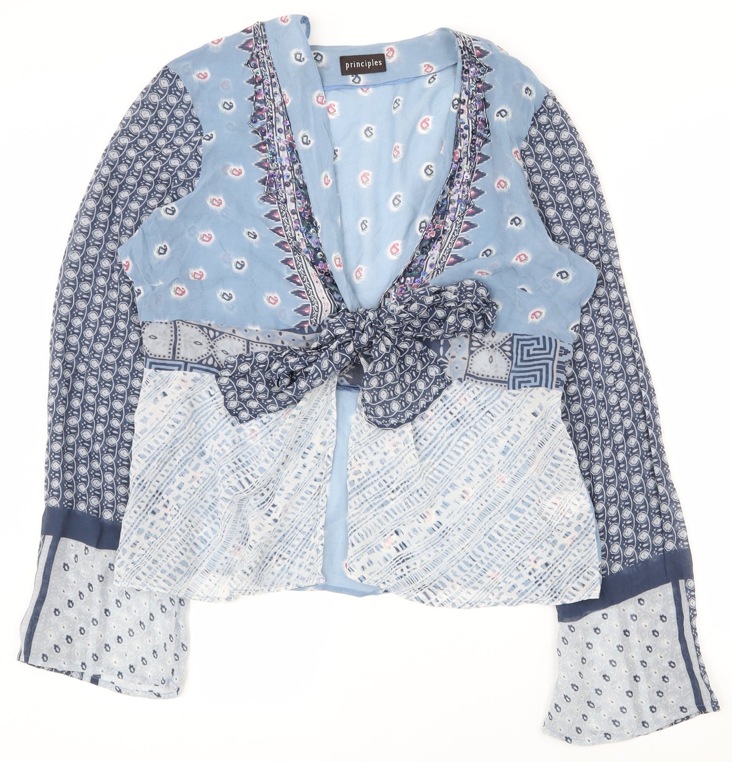 Principles Womens Blue Geometric Silk Basic Blouse Size 18 V-Neck