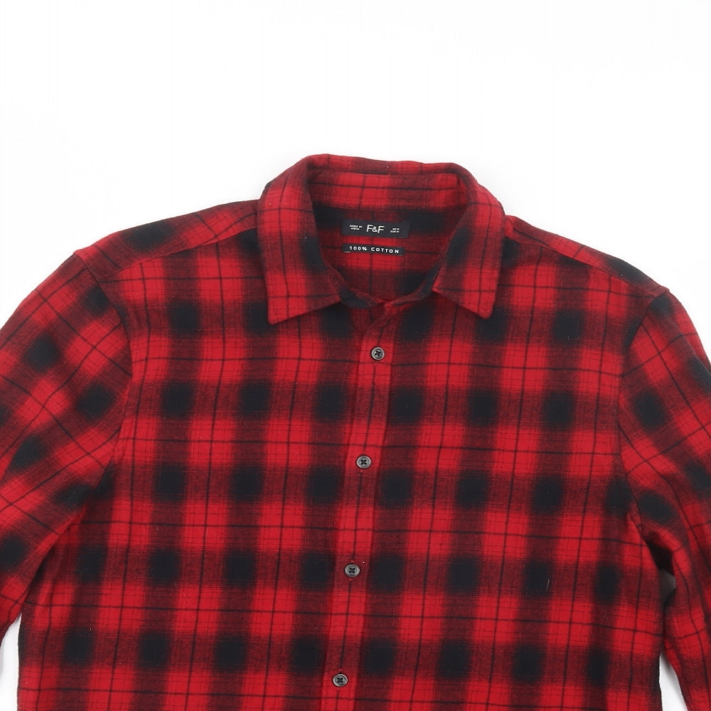 F&F Mens Red Plaid Cotton  Button-Up Size M Collared Button