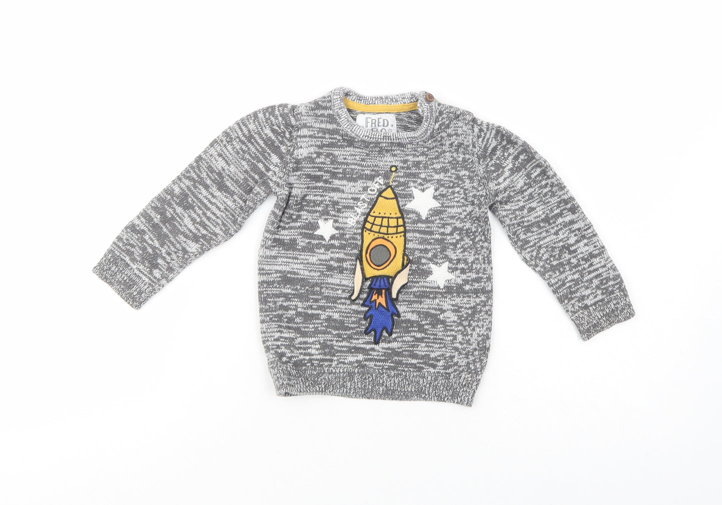 F&F Baby Grey  Cotton Pullover Jumper Size 12-18 Months  Button - Rocket