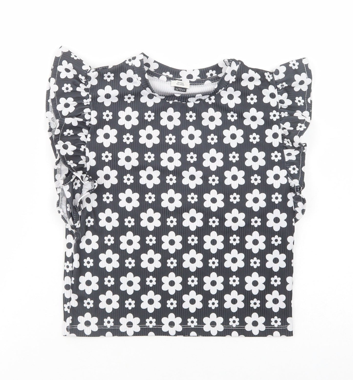 River Island Girls Black Floral Polyester Pullover Blouse Size 11-12 Years Crew Neck Pullover