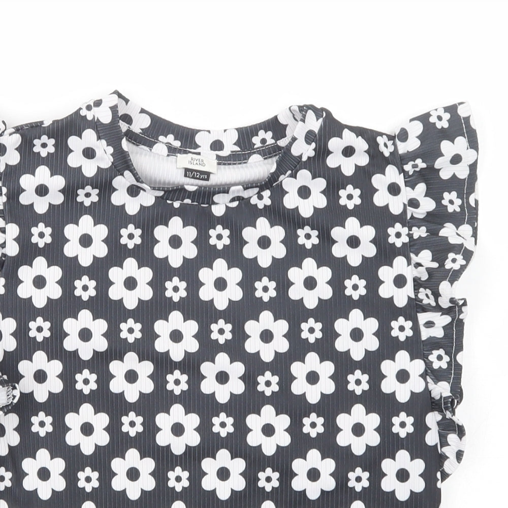 River Island Girls Black Floral Polyester Pullover Blouse Size 11-12 Years Crew Neck Pullover