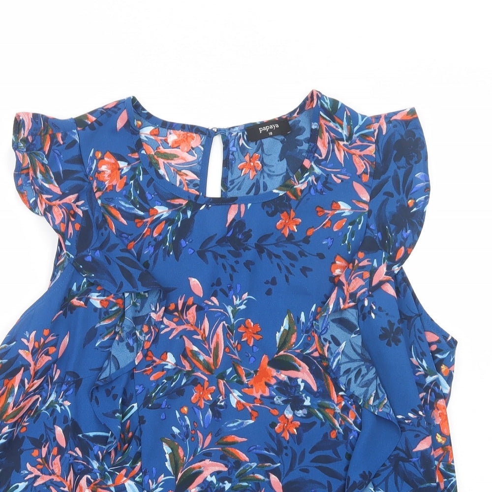Papaya Womens Blue Floral Polyester Basic Blouse Size 18 Scoop Neck
