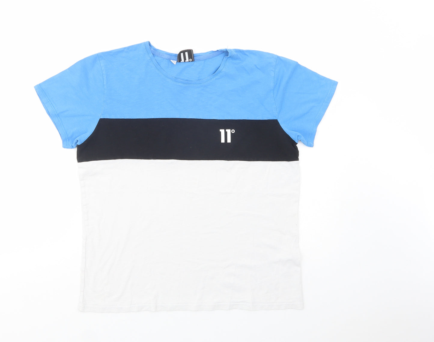 11 degrees Womens Blue Colourblock Cotton Basic T-Shirt Size 14 Crew Neck
