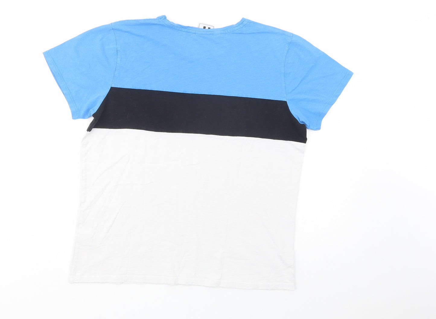 11 degrees Womens Blue Colourblock Cotton Basic T-Shirt Size 14 Crew Neck