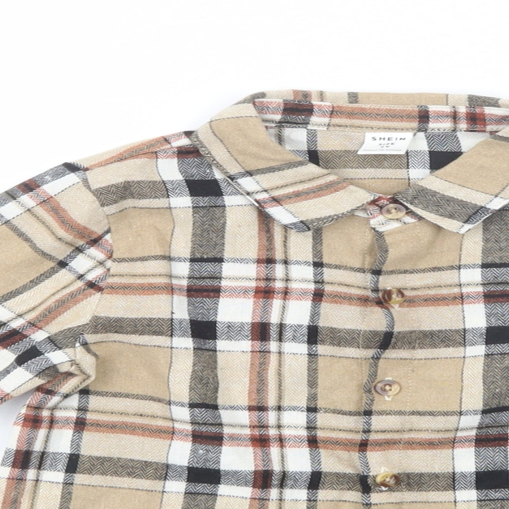 SheIn Boys Beige Plaid Polyester Basic Button-Up Size 5 Years Collared Button