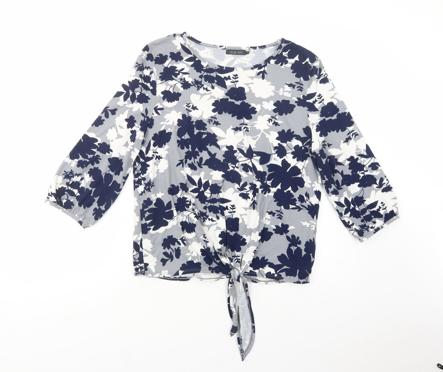 Sugar Crisp Womens Grey Floral Polyester Basic Blouse Size 12 Boat Neck