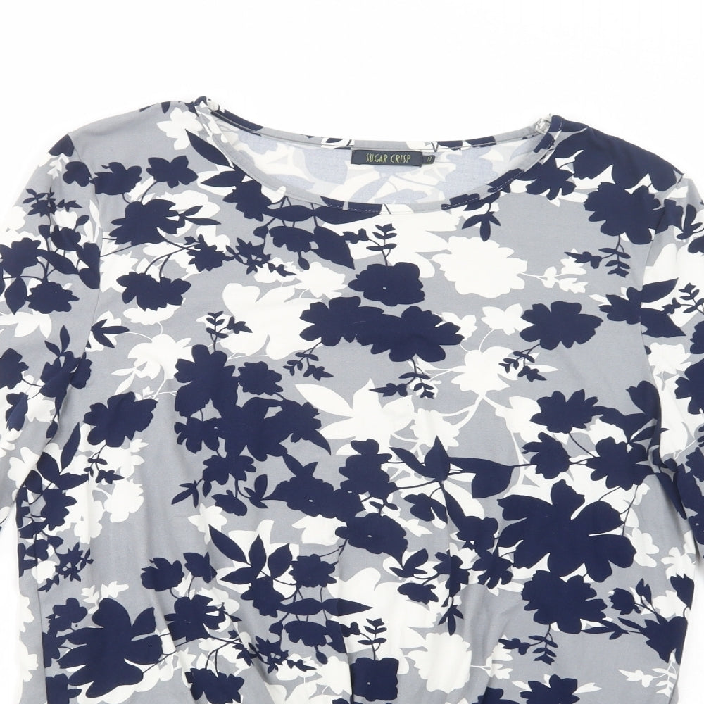 Sugar Crisp Womens Grey Floral Polyester Basic Blouse Size 12 Boat Neck