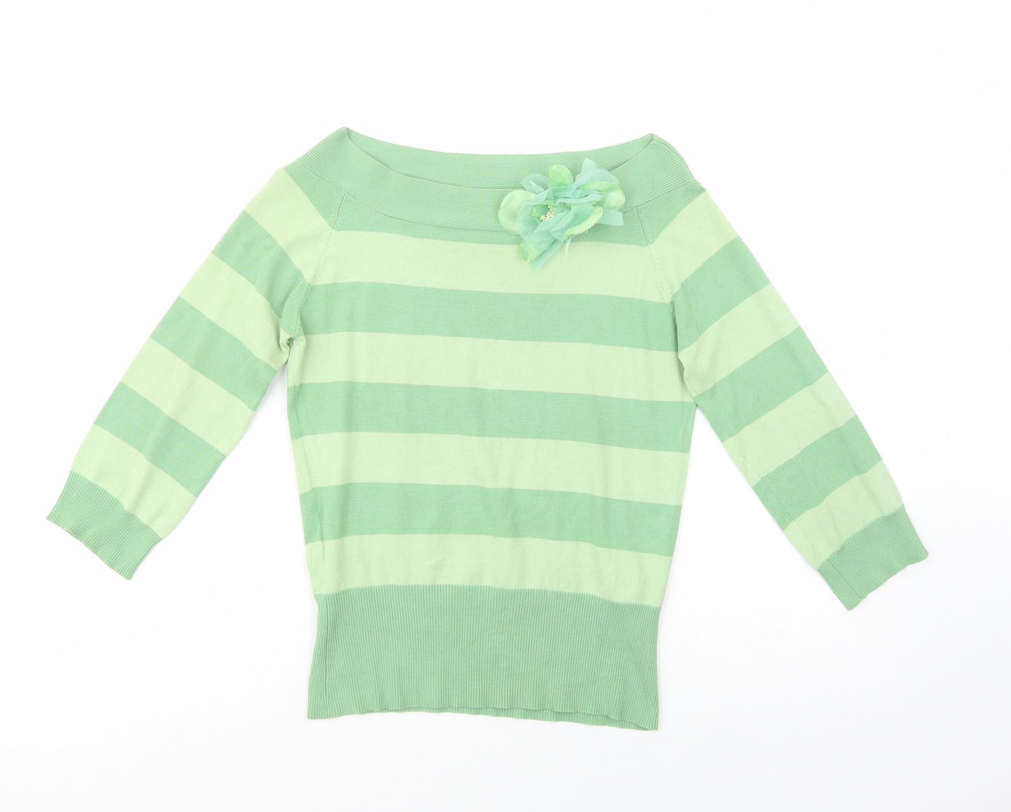 Coast Womens Green Boat Neck Striped Silk Pullover Jumper Size 10   - Flower Detail