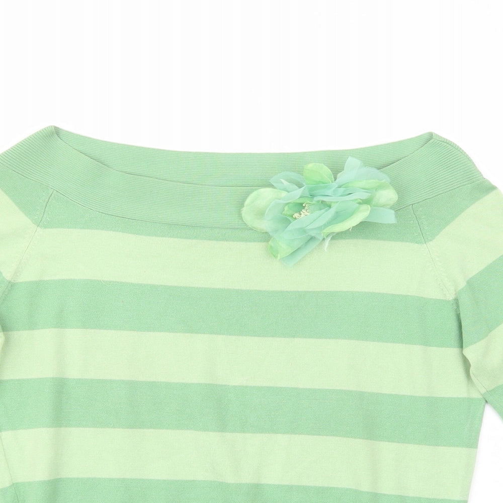 Coast Womens Green Boat Neck Striped Silk Pullover Jumper Size 10   - Flower Detail