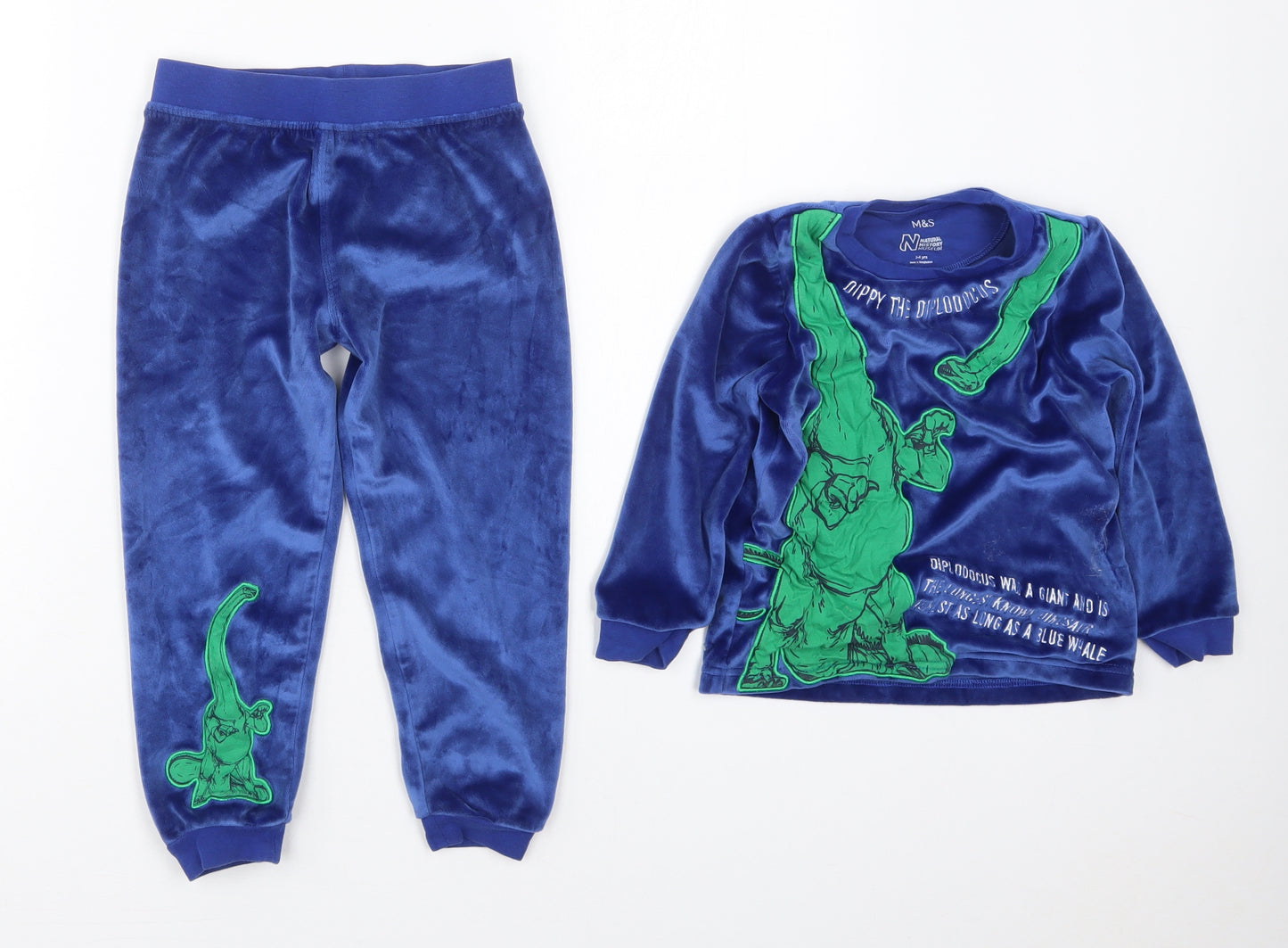 Marks and Spencer Boys Blue Solid Cotton  Pyjama Set Size 3-4 Years  Pullover - Dinosaur