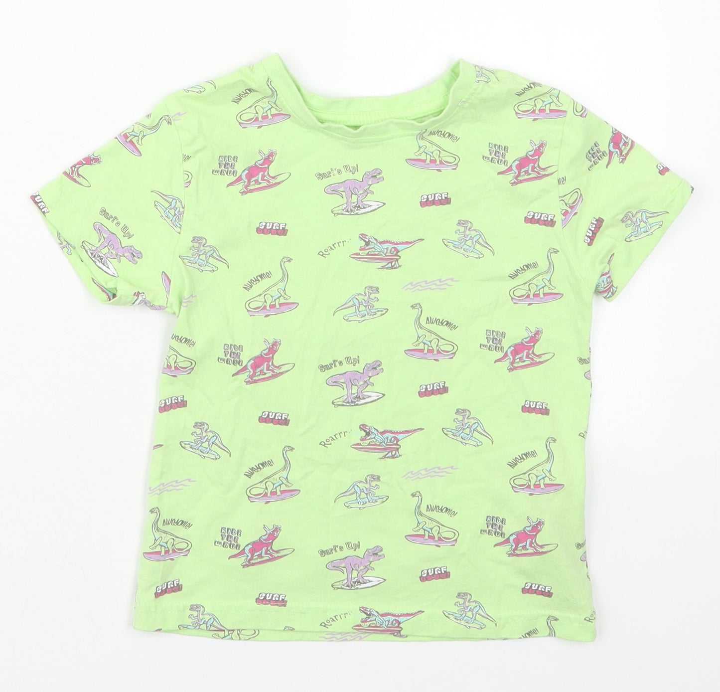 Primark Boys Green  Cotton Basic T-Shirt Size 3-4 Years Crew Neck Pullover - Surfing Dinosaurs