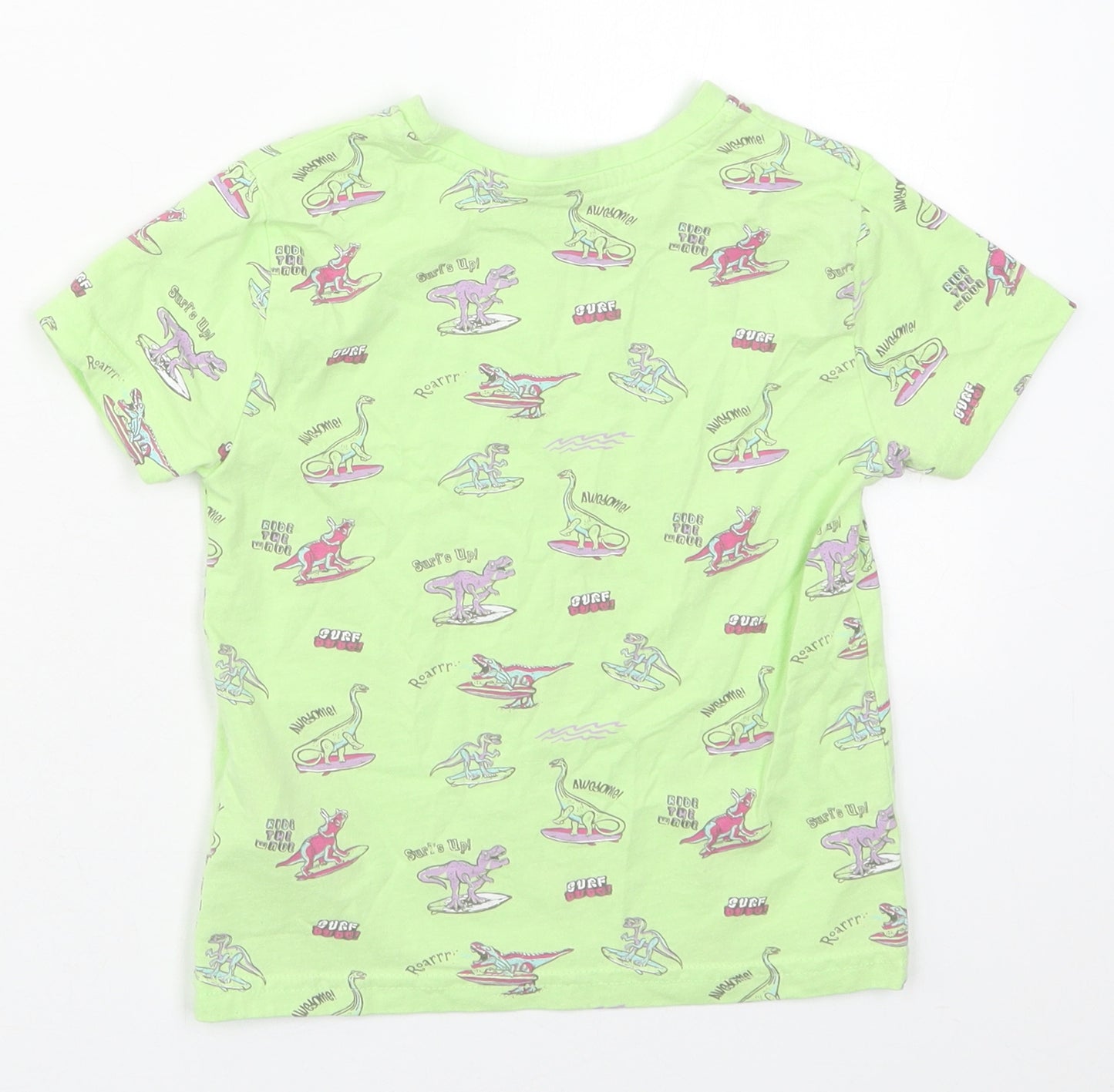 Primark Boys Green  Cotton Basic T-Shirt Size 3-4 Years Crew Neck Pullover - Surfing Dinosaurs