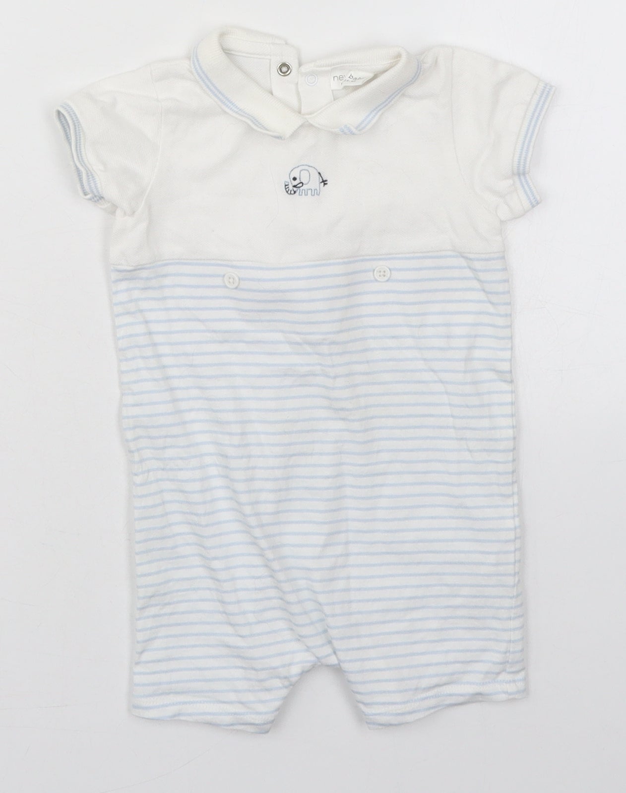 NEXT Boys White Striped Cotton Romper One-Piece Size 6-9 Months  Button - Elephant Blue