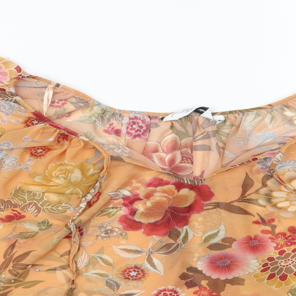 New Look Womens Orange Floral Polyester Basic Blouse Size 12 Boat Neck