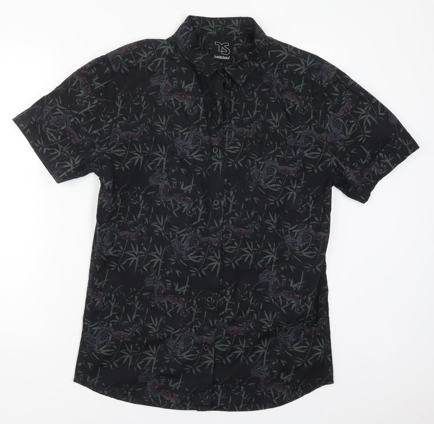 Twisted Soul Mens Black  Cotton  Button-Up Size M Collared Button - Dragon Prints